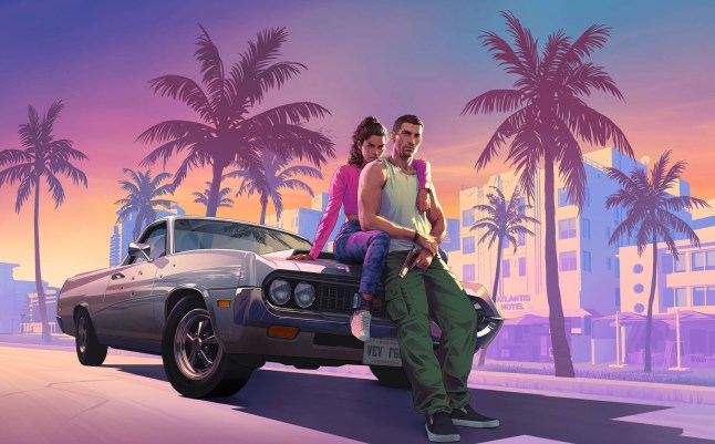 GTA 6 key art featuring two people leaning against a car, with pink sky and palm trees behind them.