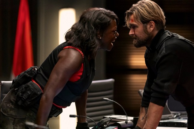Viola Davis as President Danielle Sutton angrily confronts Antony Starr as Rutledge, leaning over a conference table, face to face, in G20
