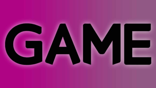 The logo of UK retailer GAME, in black writing on a purple background.