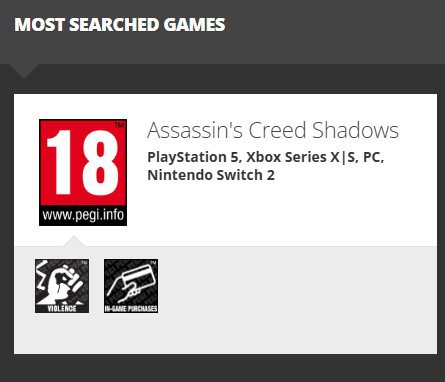 PEGI website showing Assassin's Creed Shadows on Switch 2