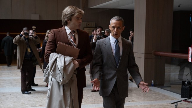 THE APPRENTICE, Jeremy Strong as Roy Cohn, Sebastian Stan as Donald Trump, 2024. Mongrel Media