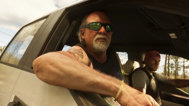 An older male GTA 6 character leaning an arm on an open car window.