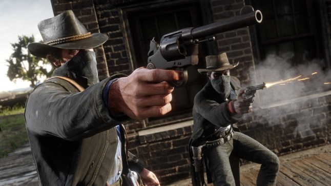 Red Dead Redemption 2 masked cowboys firing their guns