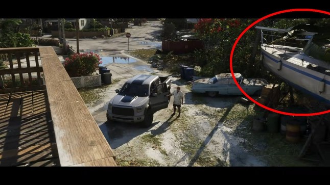 GTA 6 trailer shot with Michael's boat from GTA 5 suspended on a platform in a yard